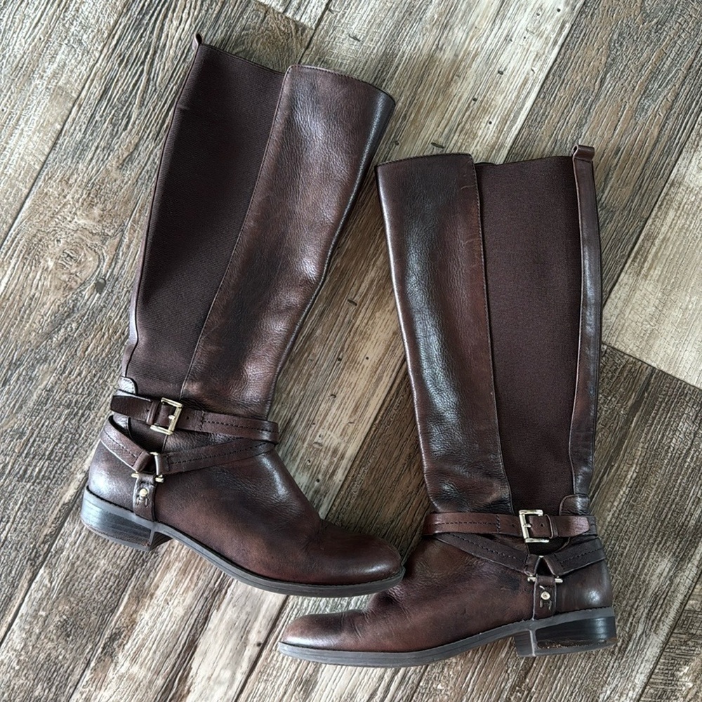 TOMMY HILFIGER BROWN LEATHER BOOTS, SIZE 7M